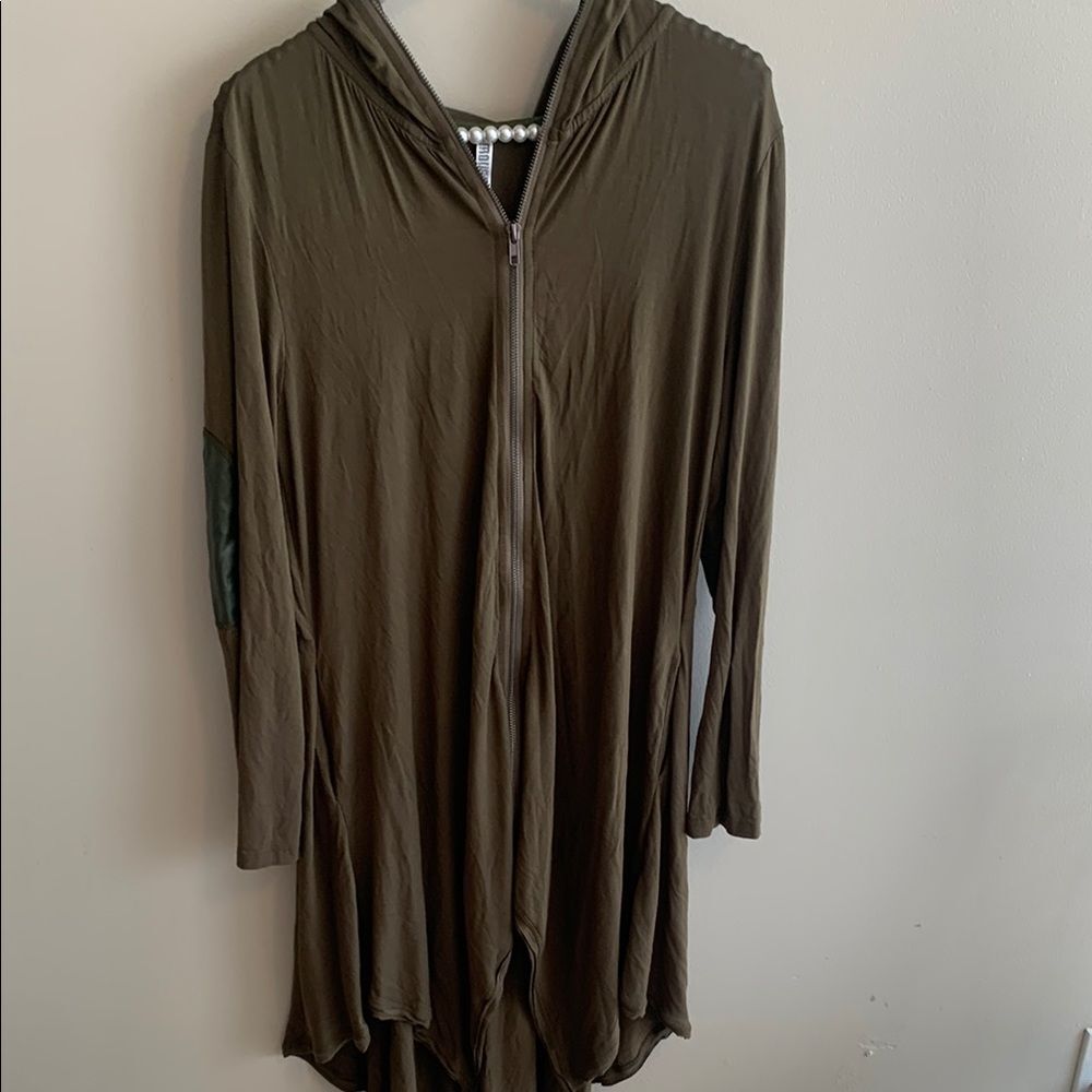 Monoreno Olive Green Long Hooded Cardigan Duster Jacket Zip Up S Rayon Spandex